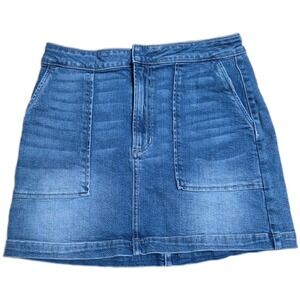 Altar'd State Denim Mini Skirt Women's Size L Blue Utility Pockets Button Fly